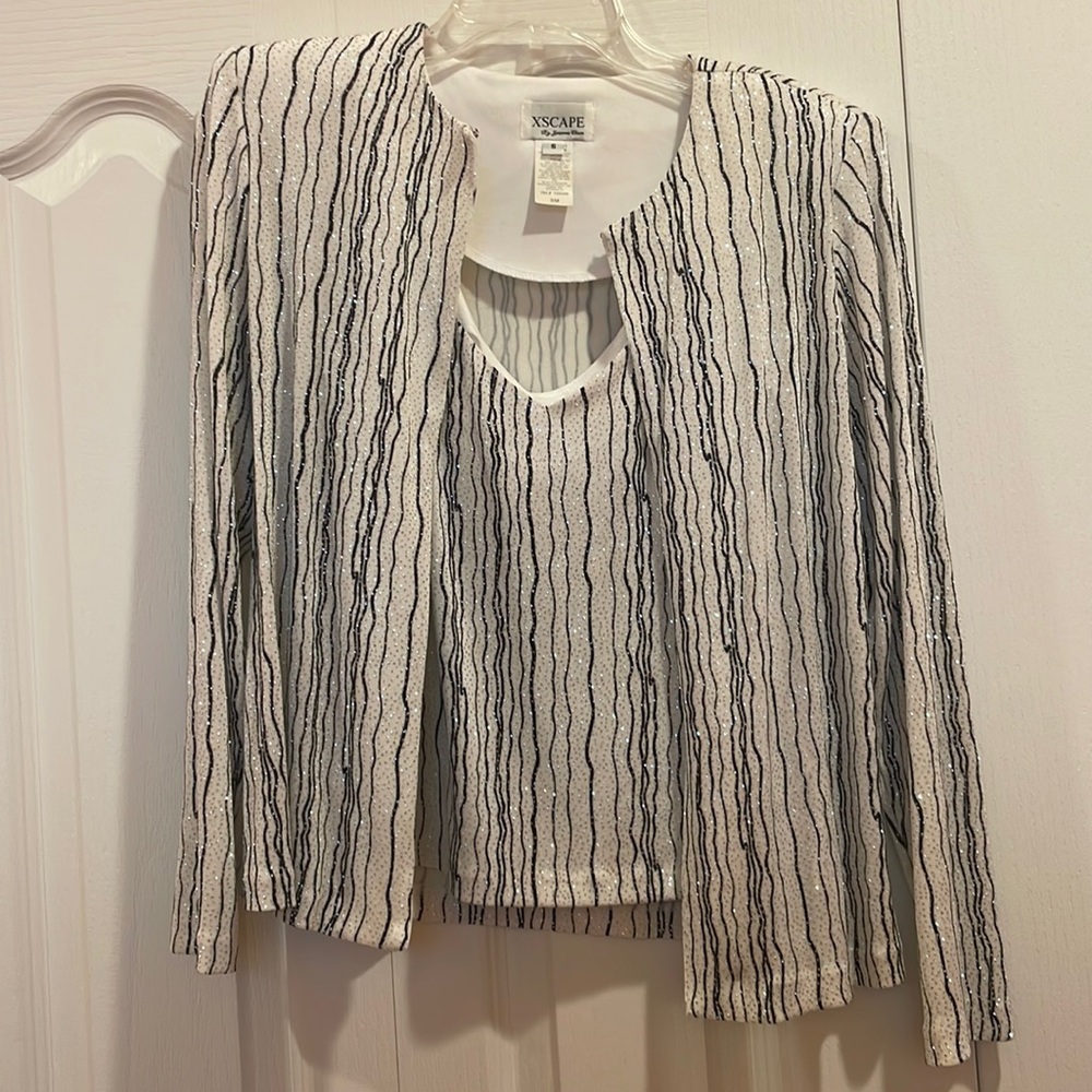 Xscape Vintage Black and White Sparkled Blazer with shoulder pads and tank top
